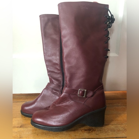 ***Canadian** Martino Burgundy tall boots with lace up calves and wedge heel - Picture 1 of 11